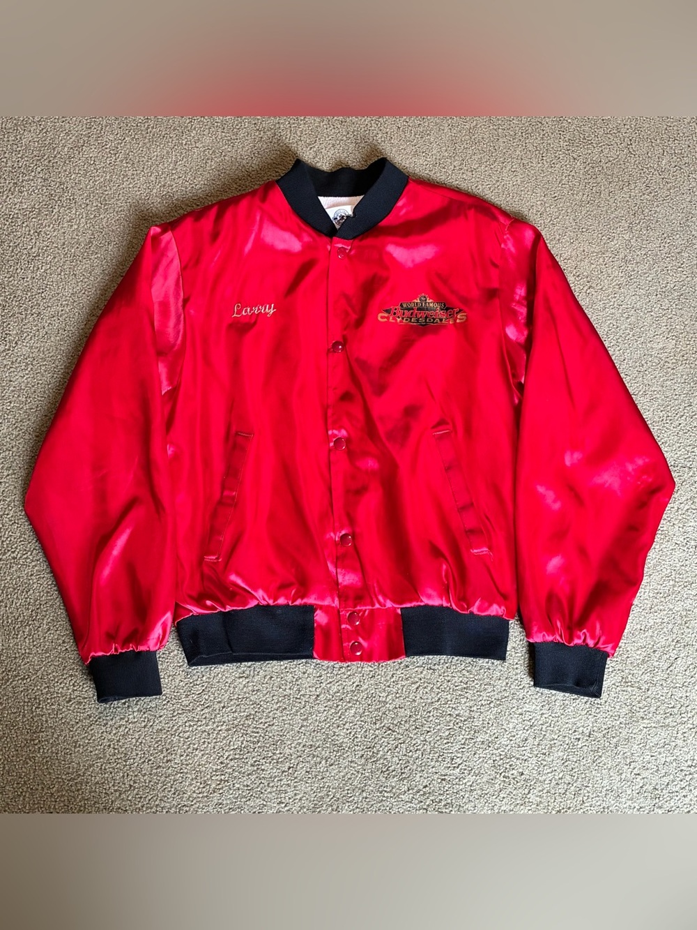Mens VTG Budweiser Beer Clydesdales Retro Red Snap Up Satin Bomber Jacket Medium